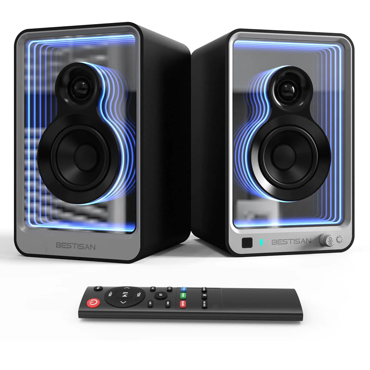 BESTISAN SR15 Bluetooth Bookshelf Speakers Active Stereo Speakers for TV/Record Player with Subwoofer Out and Light Effects Turntable Speakers with Optical/ARC/RCA Inputs for PC and TVs